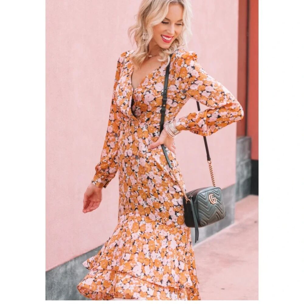 WAYF Floral Faux Wrap Midi Dress M Pink Orange Long Sleeve Ruffle Hem Boho